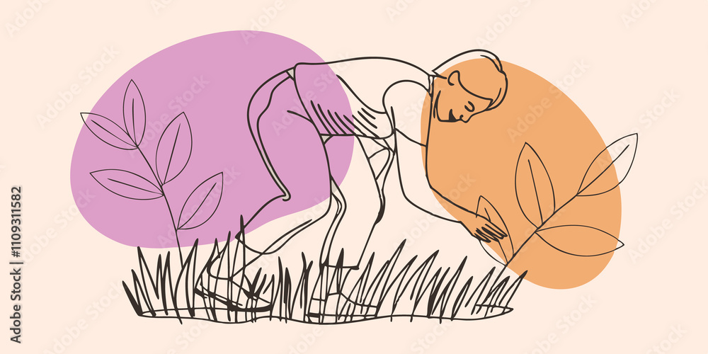 Poster slow journey as the figure ambles along the grassy path they casually lean down allowing fingertips 