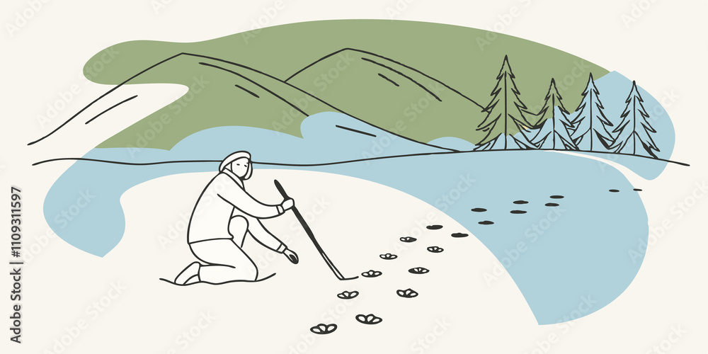 Aufkleber Snowy Discovery A person traces a line of welldefined deer tracks in the snow with a stick their expression a mix of concentration and excitement. The scene includes a backdrop of