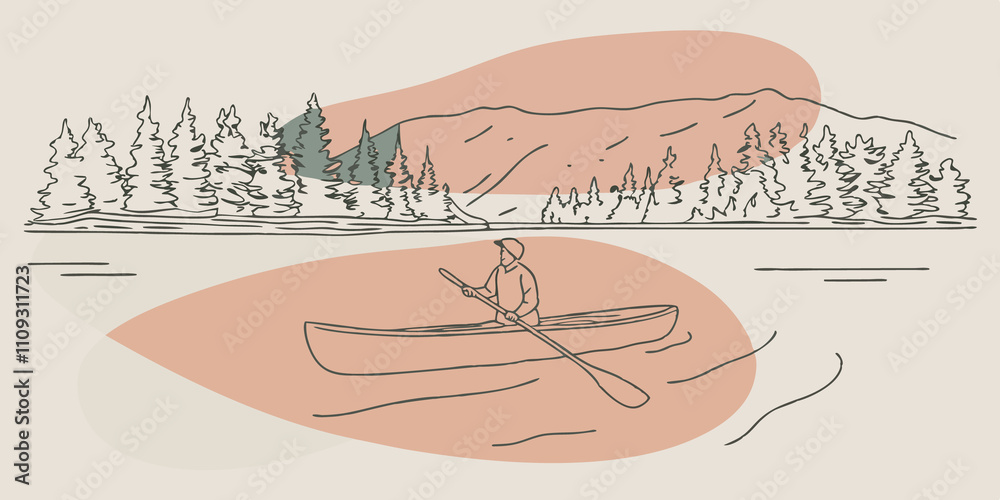 Poster Stillness All Around The paddler pauses to take in the view leaning forward slightly in the canoe. The lake is so still that even the smallest movements feel magnified creating an