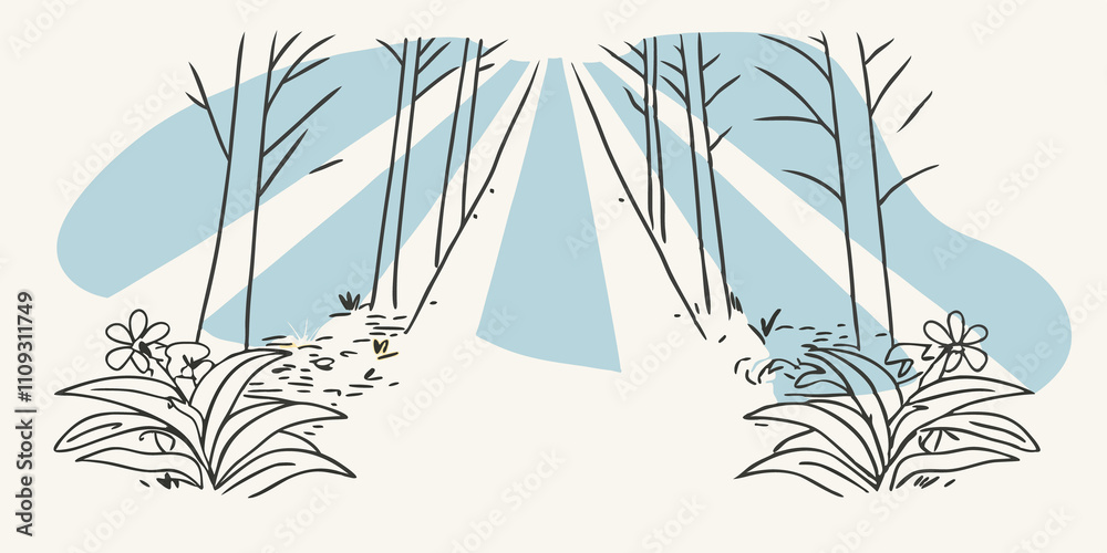Poster Sunbeams Breaking Through Sunlight streams through the dense canopy above casting dappled patterns of light and shadow on the trail. Soft rays illuminate s of wildflowers blooming