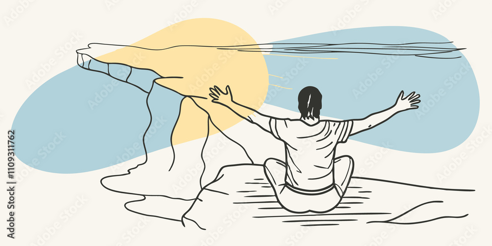 Poster stretching with a view an individual sits crosslegged at the cliffs edge stretching their arms wide 