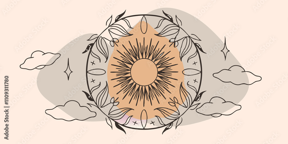 Poster Sun and Moon This mandala blends celestial themes with nature showcasing a sunburst in the center surrounded by swirling clouds and crescent moons. The edges are embellished with