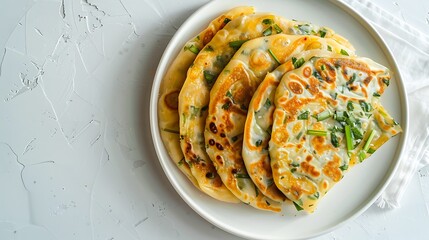 A dish of scallion pancakes with a crispy exterior, arranged neatly on a white plate with a plain light gray background and plenty of copy space