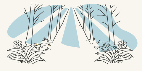 Obraz premium Sunbeams Breaking Through Sunlight streams through the dense canopy above casting dappled patterns of light and shadow on the trail. Soft rays illuminate s of wildflowers blooming