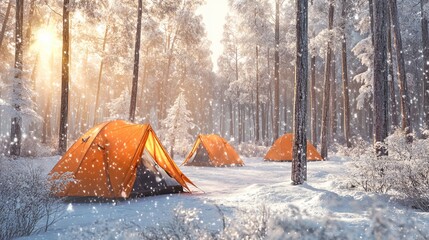 Vibrant orange tents in a snow-covered forest on a sunny winter day. AI generated illustration