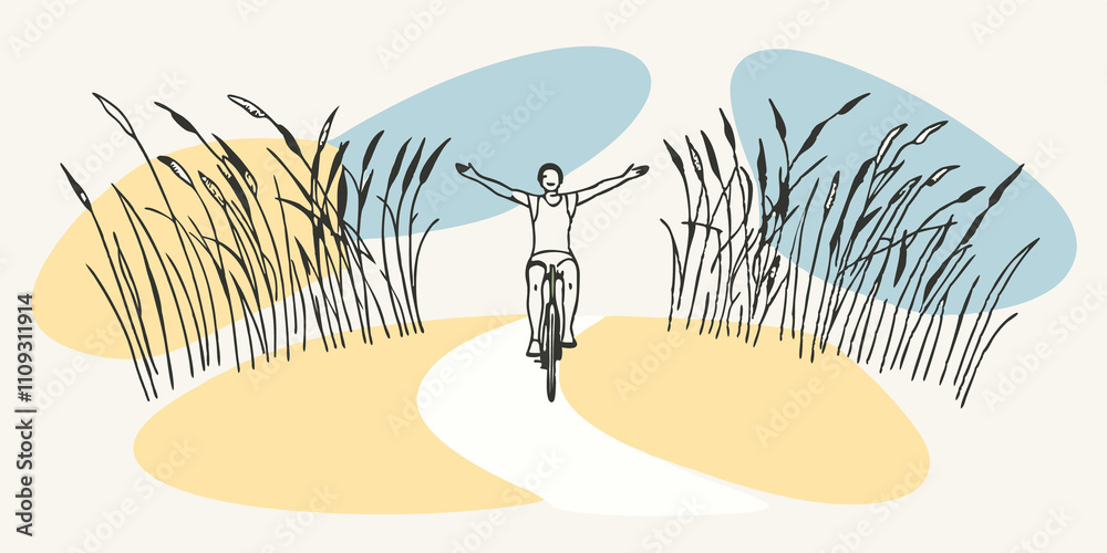 Poster sunny pathway a cyclist rides along a winding dirt path bordered by tall swaying grass. the sun is s