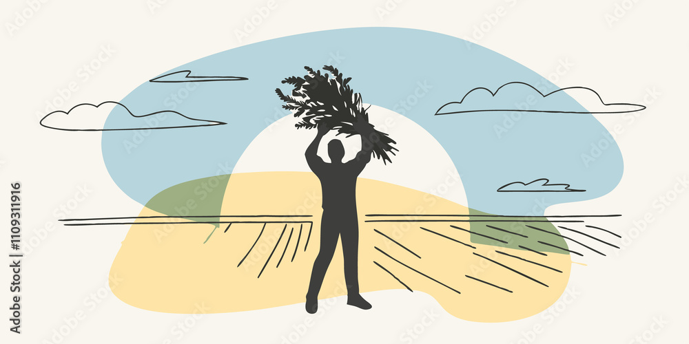 Poster Sunset Gathering As the sun begins to set casting a warm glow over the field a person is silhouetted against the colorful sky. They stand tall a bundle of freshly lavender in one