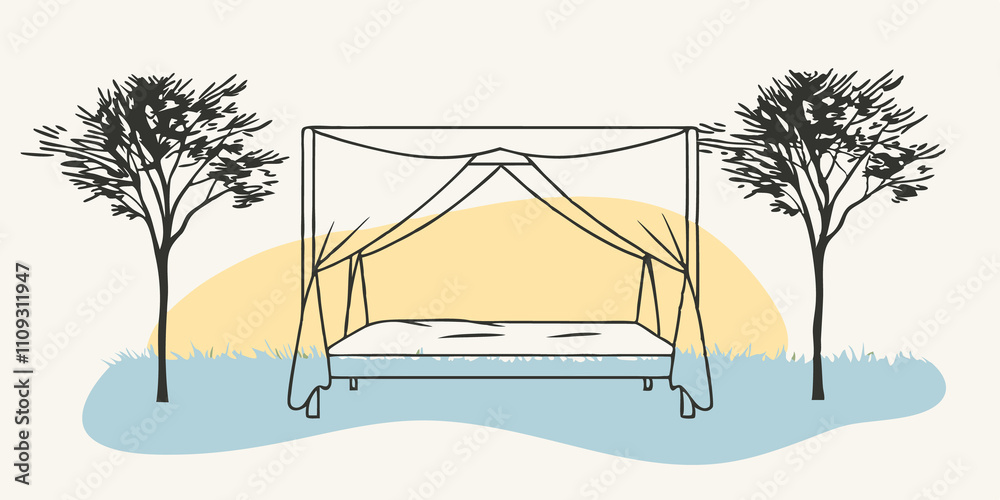 Poster Sunset Glow The canopy bed is positioned in a tranquil field during sunset. The warm hues of orange and pink blend beautifully in the sky casting a soft glow on the bed.