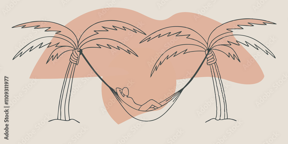 Poster Sunset Glow With a horizon painted in hues of orange and pink a hammock sways between two sy trees. The silhouetted figure inside looks up at the sky taking in the breathtaking