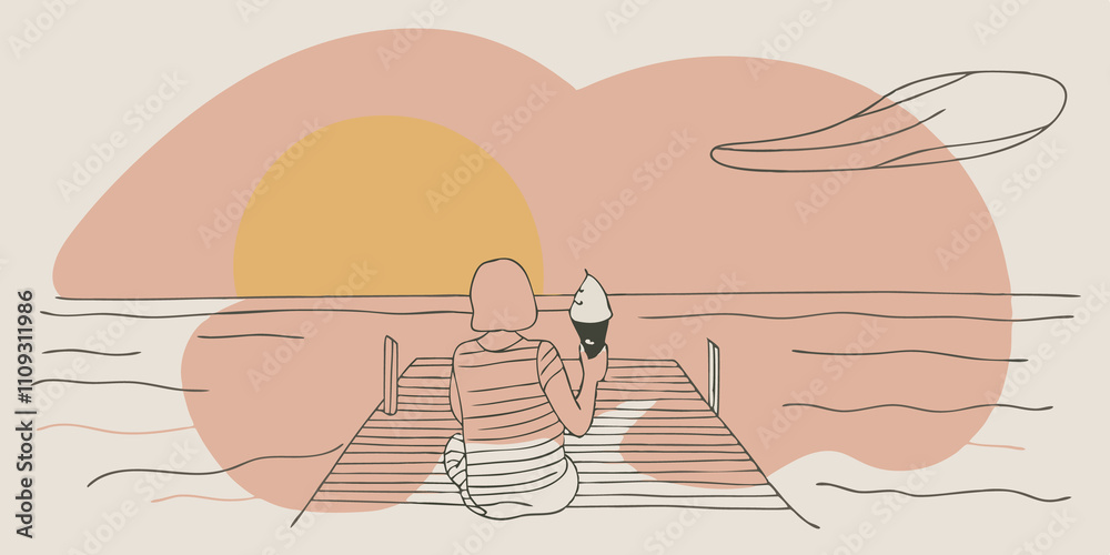 Poster sunset indulgence as the sun sets casting a golden glow on the lake a figure sits at a small wooden 