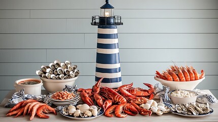 A beachside table with a nautical theme, showcasing a seafood spread of lobsters, shrimp, oysters, and a bowl of clam chowder, with seashells and a striped lighthouse decor  © aun