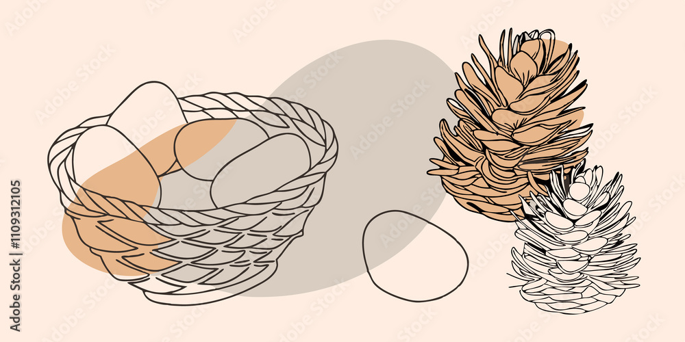 Aufkleber Textures of Nature A textured closeup showing the different surfaces of the basket shells and pinecones. Focus on the woven fibers of the basket the smoothness of the stones and