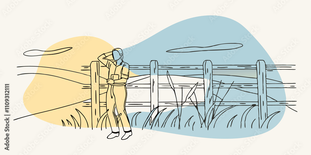 Poster Sunset Over Fields A figure leans against a wooden fence their canvas propped beside them as they blend warm oranges and purples to capture a sunset over waving fields of grass.
