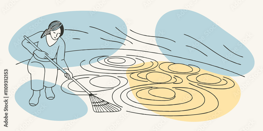 Poster Thoughtful Arrangement Using a bamboo rake a person draws graceful lines in the sand around a of stones creating patterns that symbolize water ripples. Their focused expression