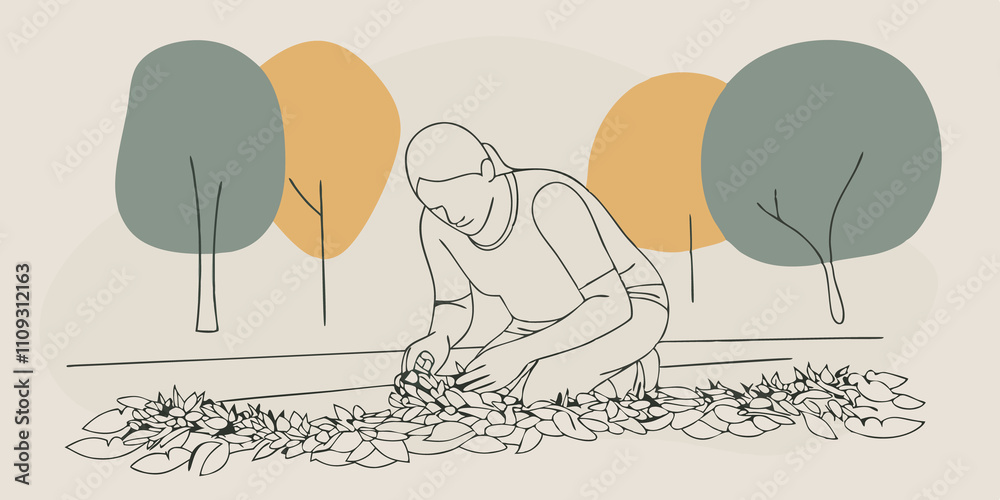 Poster Thoughtful Assembly A person kneels in a verdant clearing focusing intently on their task. They seem to enter a meditative state each loop and tie of the garland carefully