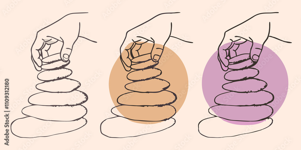 Aufkleber The Stacking Process A sequence of images shows the individual carefully stacking stones each one more precarious than the last. The rocks are gradually rising higher illustrating