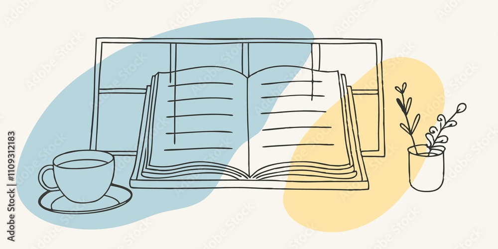 Poster Thoughtful Moments The person framed against the light pouring in through the window pages of an open book referencing tered notes and bookmarks. A halffull cup of tea sits on a