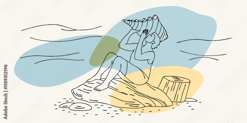 Poster thoughtful moment the person sits on a large rock holding a conch shell up to their ear listening to