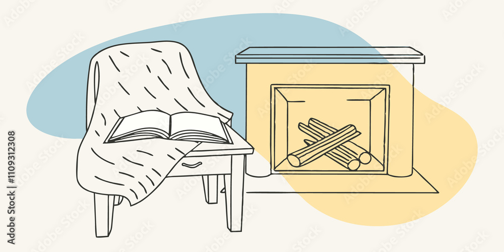 Poster tranquil retreat a closeup view of a cozy nook by the fireplace where a book lies open on a rustic w