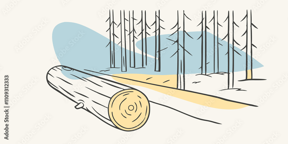 Aufkleber Tranquil Surroundings The illustration captures the stillness of the forest with the only sound being the distant chirping of birds. A fallen log lies beside the path covered in