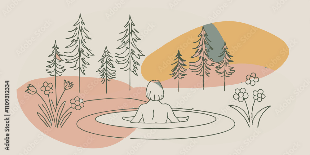 Poster tranquil scene a person reclines in a steaming hot spring their silhouette slightly outlined by the 