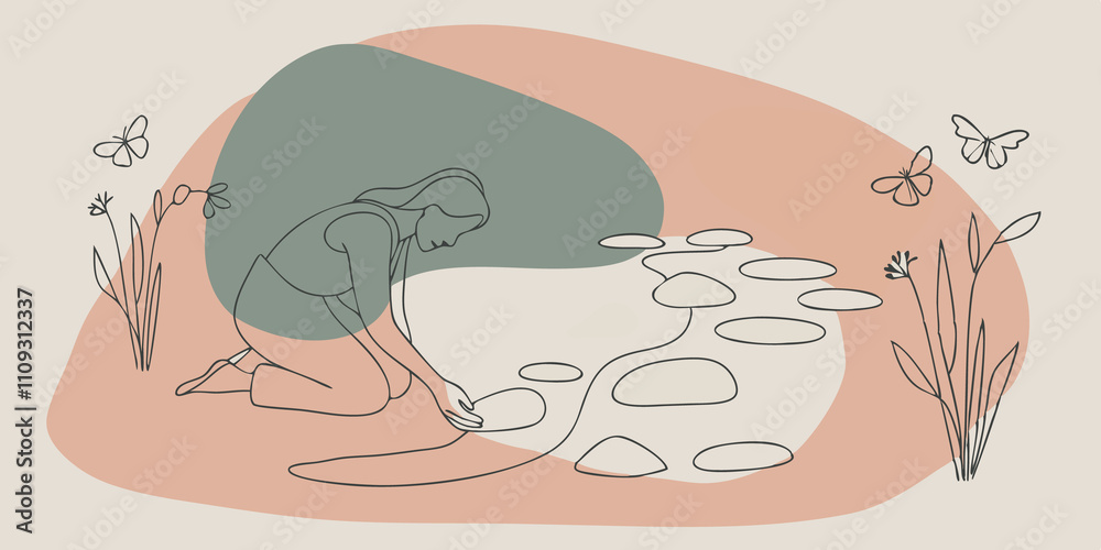 Poster tranquil stream the individual kneels beside a gentle stream observing clear water flowing over smoo
