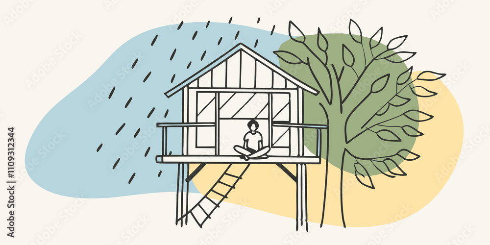 Aufkleber Treehouse Retreat Nestled in a whimsical treehouse a person sits crosslegged on the floor surrounded by cushions. Peeking out from a small window they marvel at the rain tapping on