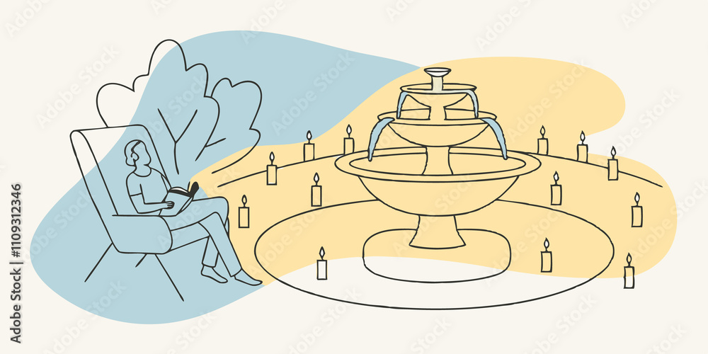 Aufkleber tranquil retreat a lone individual is nestled in a cozy chair next to the fountain a book resting in