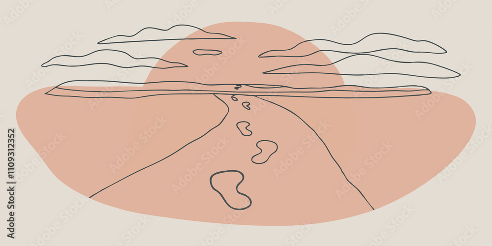 Poster Tranquil Retreat Create a serene image of a solitary set of footprints leading through fine white sand with the oceans turquoise water in the background. Soft clouds drift lazily