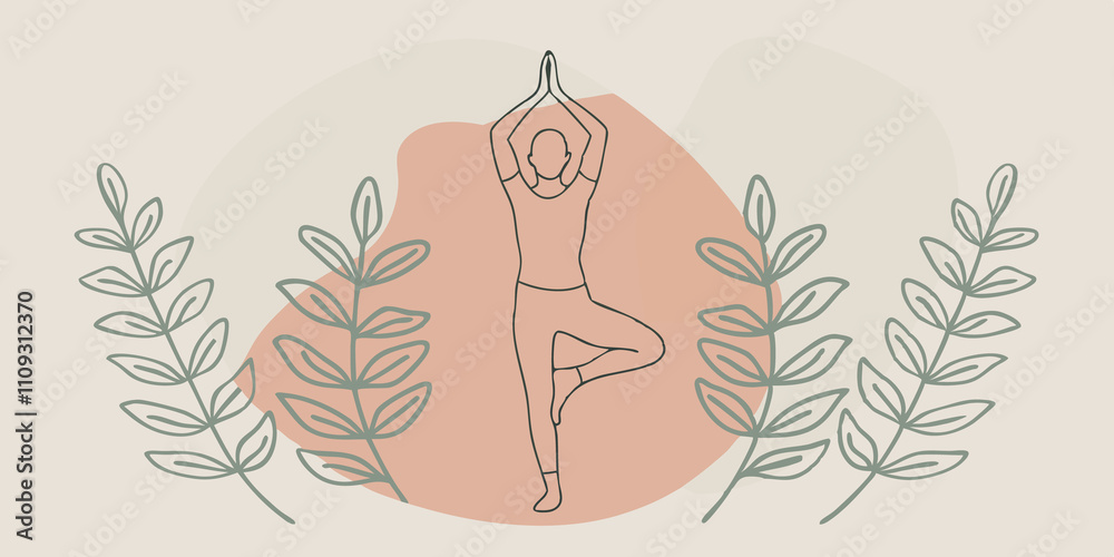 Aufkleber tree pose amidst a serene backdrop of leafy green ferns an individual balances on one leg in a tree 