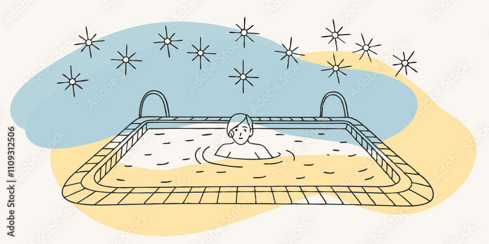 Aufkleber Warm Glow The scene captures a person lounging in the hot spring their body halfsubmerged in the inviting water. Soft lanterns line the edges of the spring adding a warm glow while
