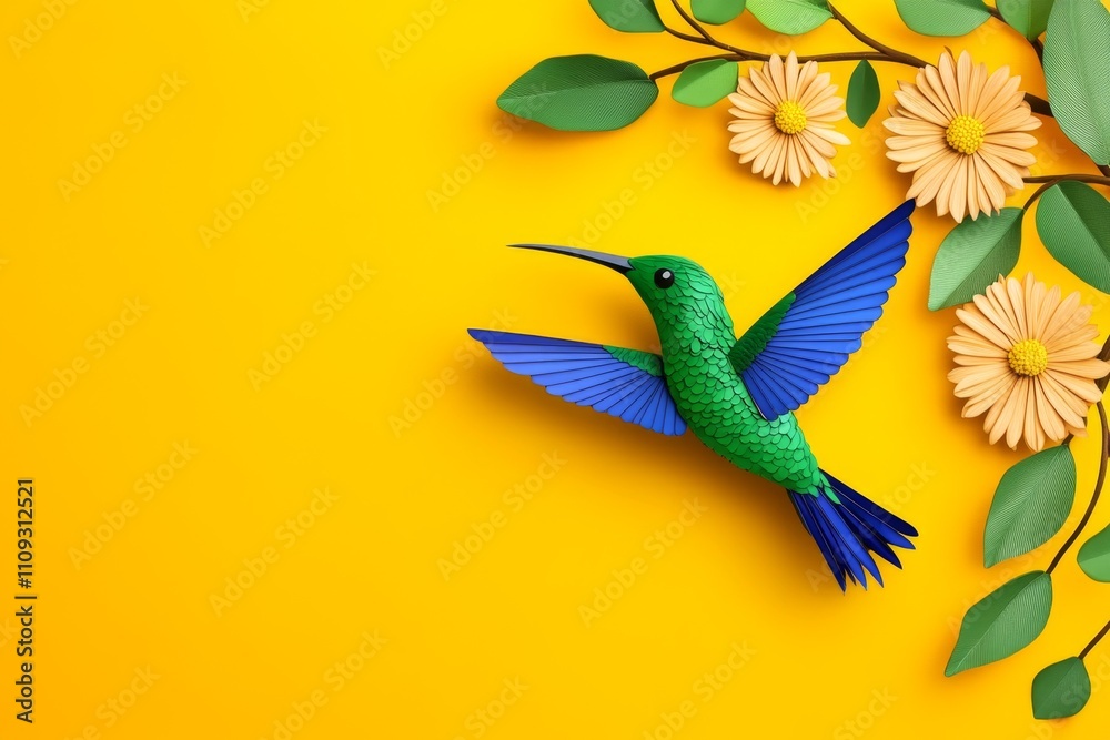 Poster a flat design of a hummingbird hovering near a flower, with vibrant colors and clean lines
