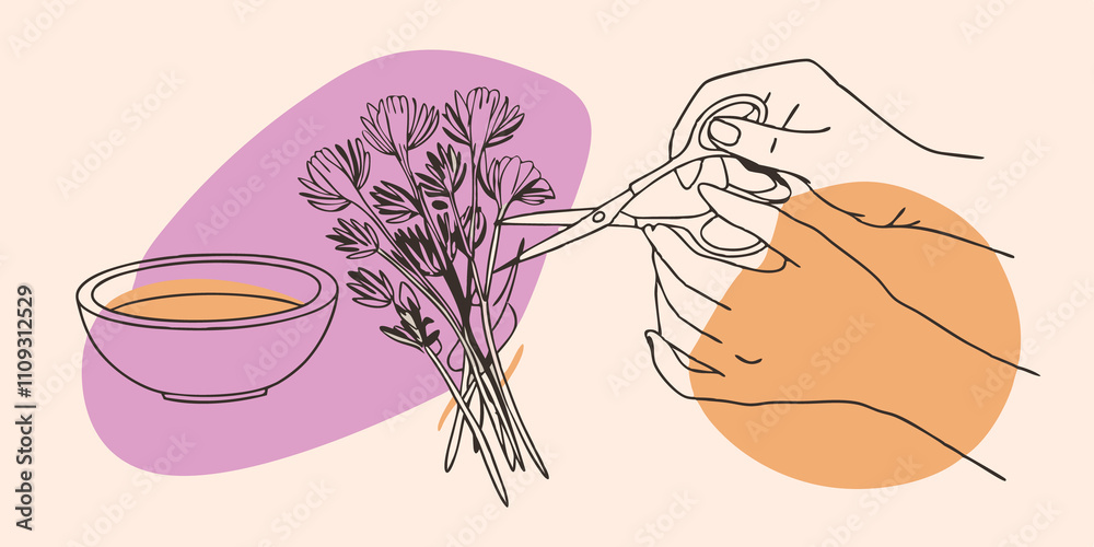 Aufkleber T Stems The same person is using a pair of scissors to trim the stems of a of dried flowers. They are focused on making clean s with a small bowl nearby catching the trimmed ends.