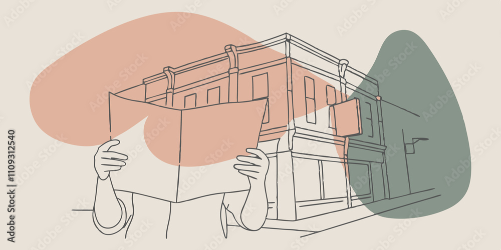 Poster Urban Exploration In a quaint neighborhood an individual stands by a charming vintage building gazing down at a folding map. With the urban environment bustling around them they