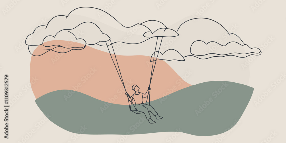 Poster Whimsical Escape A solitary figure swings back and forth allowing their imagination to soar. The valley below is a tapestry of vibrant greens and deep blues with fluffy clouds