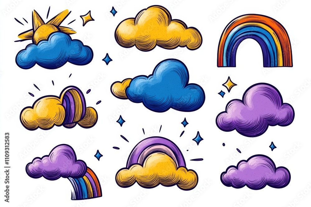 Poster a flat design of layered clouds and rainbows, drawn in vibrant colors, set on a plain white canvas