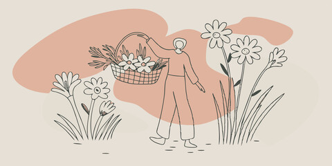 Naklejka premium Whimsical Harvesting A person joyfully stands amidst a riot of colorful herbs like parsley chives and cilantro. They hold a woven basket in one hand while carefully selecting stems