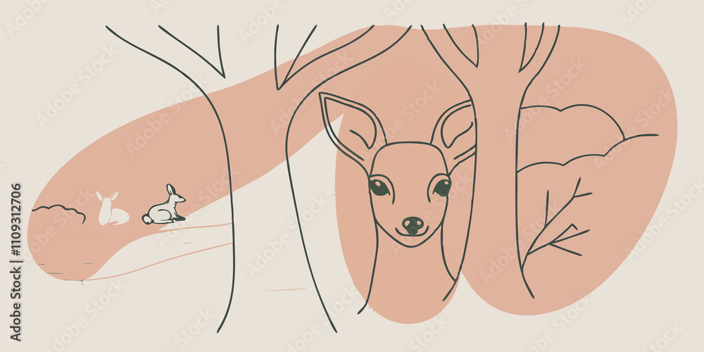 Aufkleber wildlife encounter a deer peeks shyly from behind a tree off the path its gentle gaze harmonizing wi