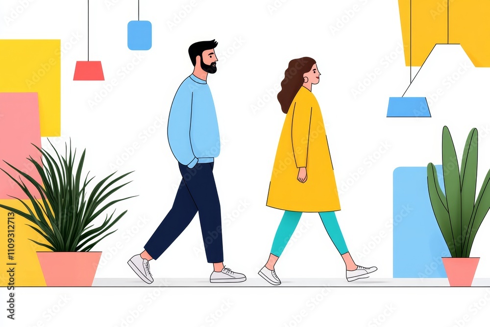 Poster a flat vector design of a couple walking together, surrounded by simple geometric shapes in pastel t
