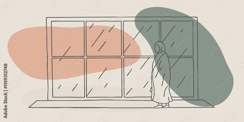 Poster Window View A silhouette stands at a large window the glass fogged slightly from the warmth inside. Rain pours down and the person watches intently as droplets race each other down