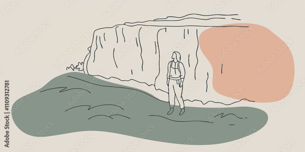 Aufkleber windswept bliss a lone hiker stands atop a grassy knoll hair blowing gently in the breeze. the view 