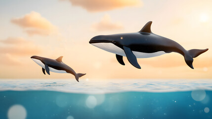 Group of whales swimming together in deep ocean, symbolizing unity and marine protection, 3D rendering