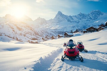 Red Snowmobiles in Line on Snowy Landscape. AI generated illustration