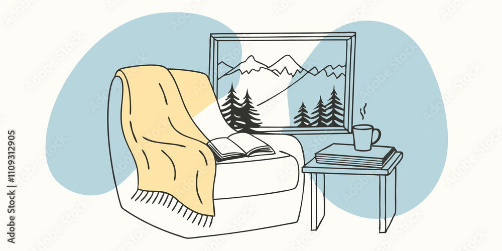 Aufkleber Writing Nook by the Window A warm and inviting writing nook featuring a plush armchair draped with a knitted blanket. A small wooden table holds an open notebook and a steaming mug