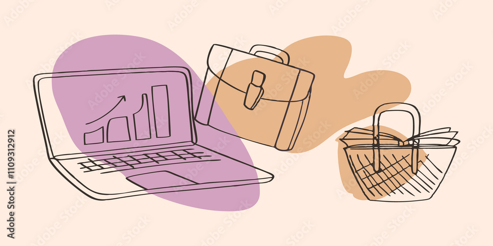 Aufkleber Work and Play Symbols Around the laptop small icons of workrelated tools like a briefcase and charts float whereas around the nature side symbols of leisure like a book and a