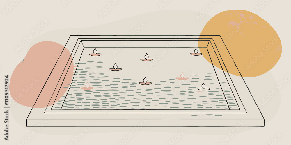 Aufkleber Zen Reflection A minimalist scene depicting a rectangular pool with floating candles arranged in a perfect line. The clear evening sky reflects off the water and the soft flicker