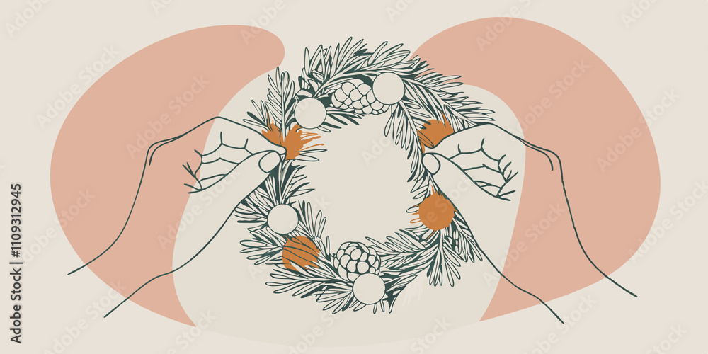 Aufkleber Adding Accents The artist picks up a few colorful berries and small twigs integrating these accents into the wreath. They artfully place them a the pinecones and branches enhancing