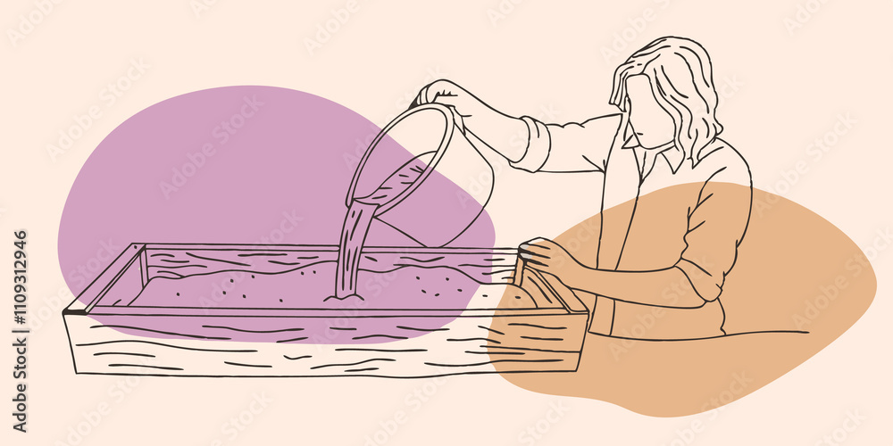 Poster adding water with a small bucket the individual pours water over the sand watching as it transforms 
