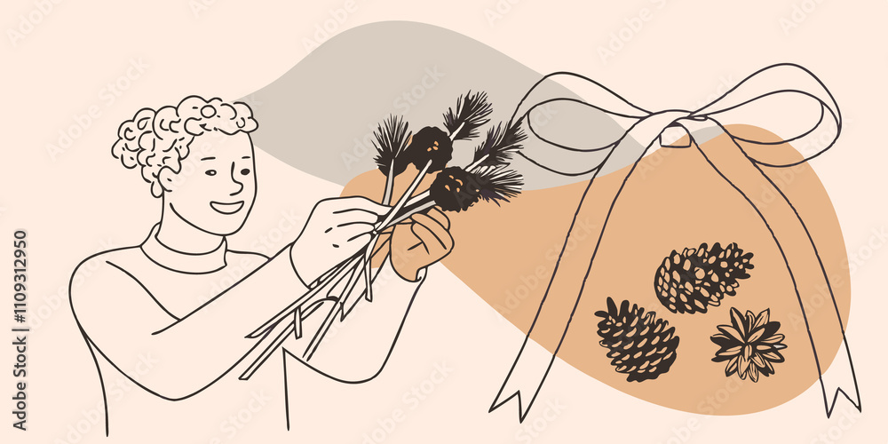 Aufkleber Adding Decorative Touches The illustration depicts the person adding decorative elements such as ribbon or small pinecones to the dried flower arrangement. They are smiling clearly