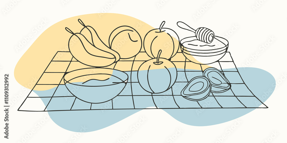 Poster Artful Arrangement A tasteful display of fresh whole fruits is set at the center of the picnic. Pears peaches and plump apricots sit alongside bowls of yogurt and honey inviting